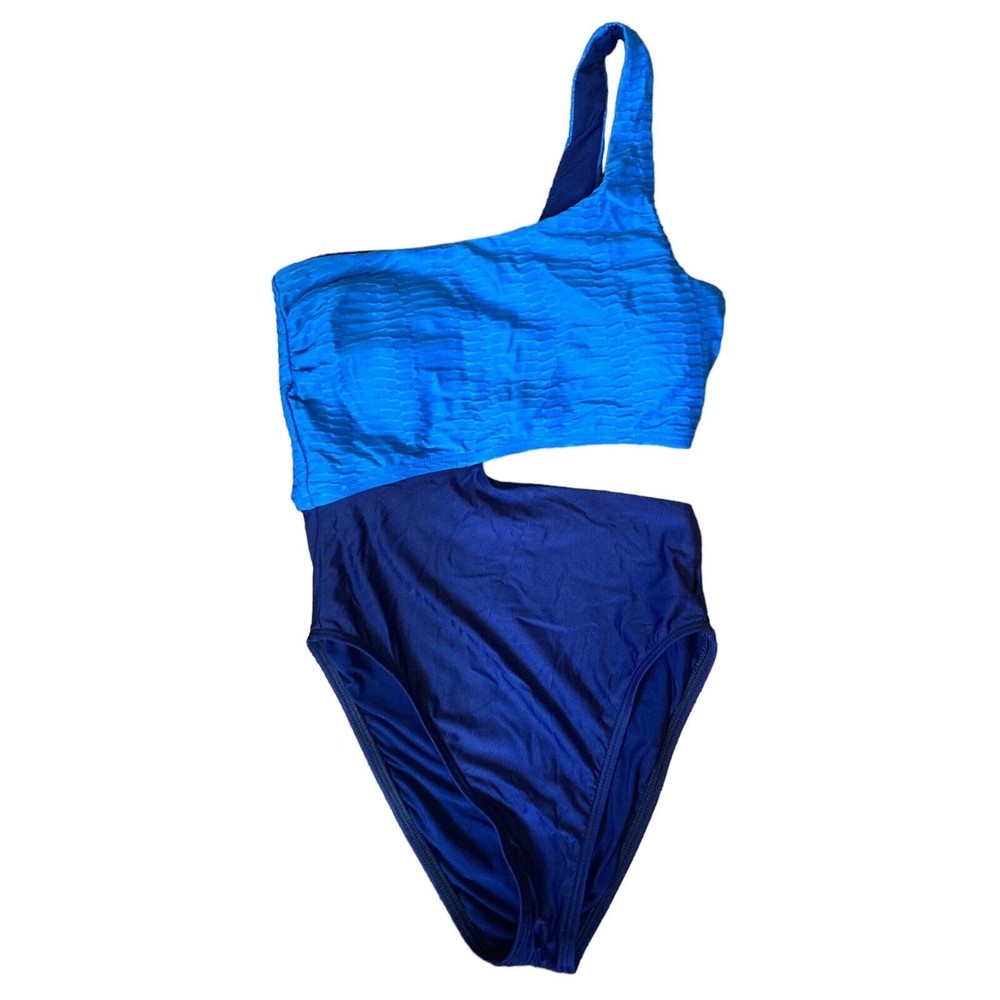 Splendid Women’s Sz XS One piece Bathing Suit Blue Colorblock One Shoulder NWOT